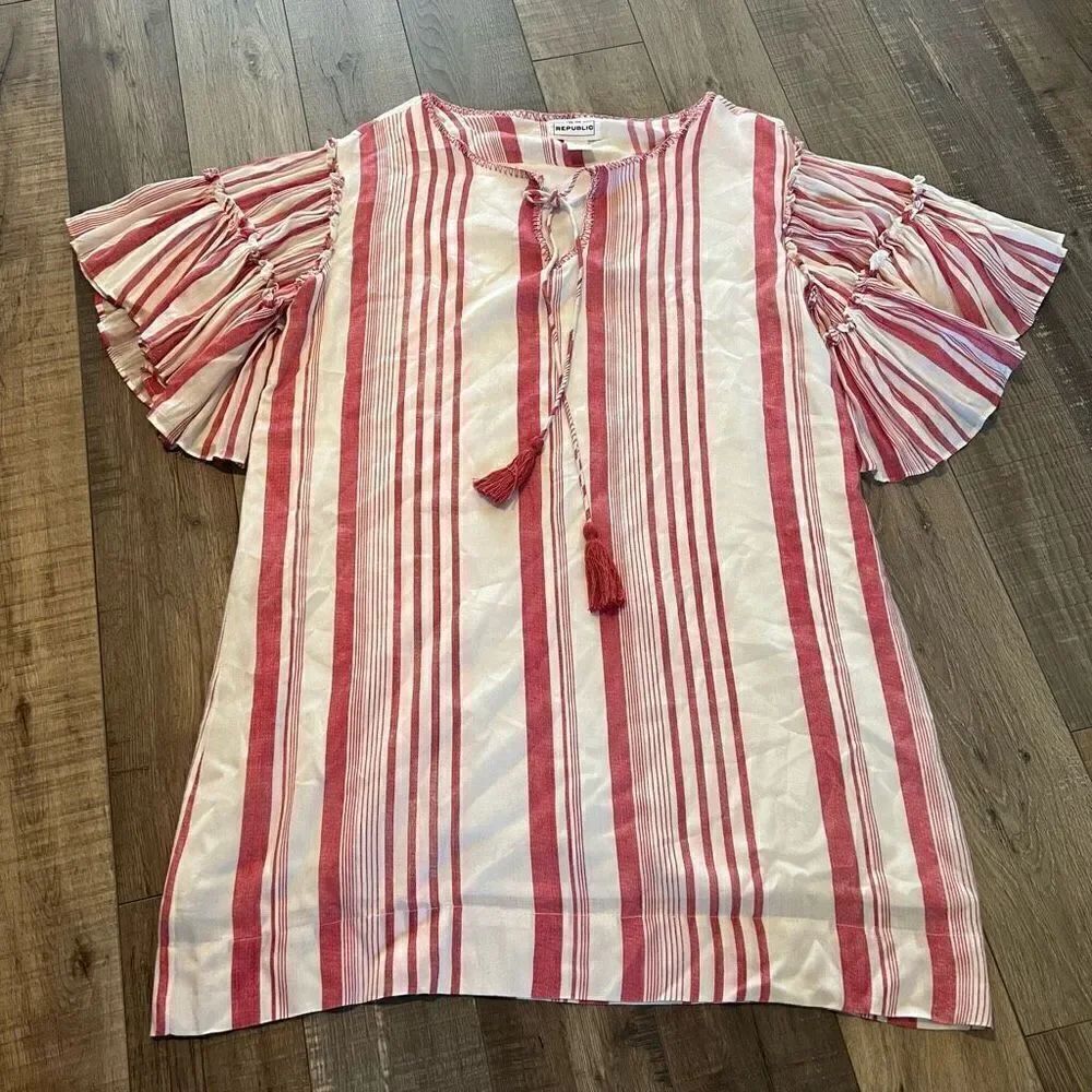 For The Republic Red & White Tassel
Striped Ruffle Bell Sleeves Dress
Size S